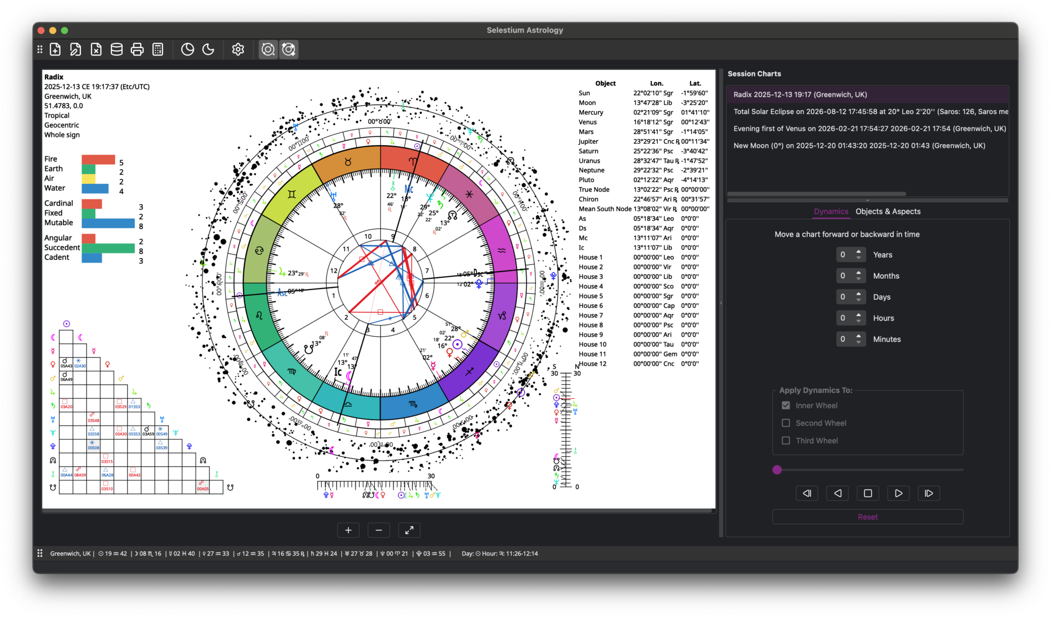 Selestium Astrology main window running on MacOS, dark mode