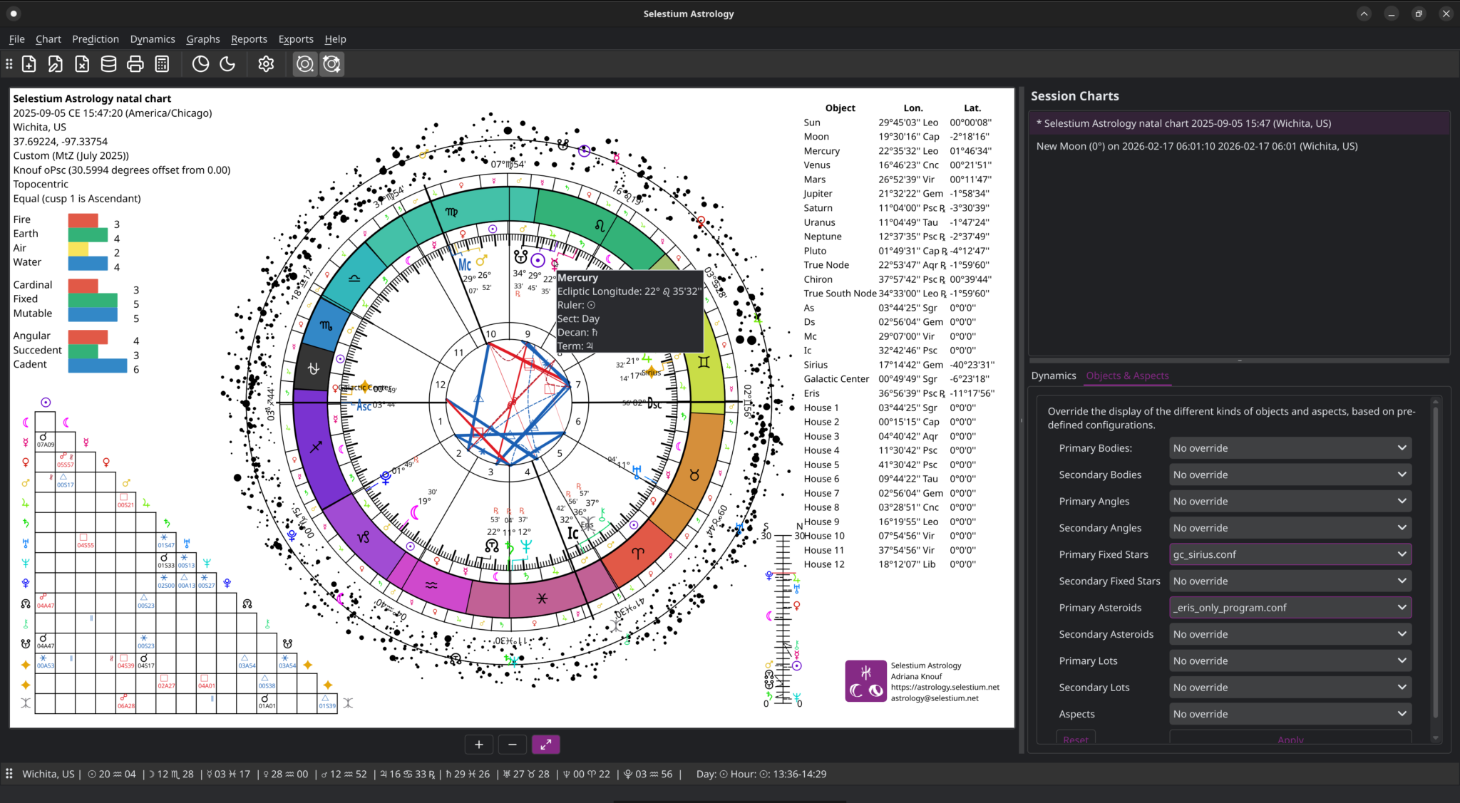 Selesitum Astrology main window showing a constellational sidereal chart with chart overrides for various objects (like asteroids and fixed stars)