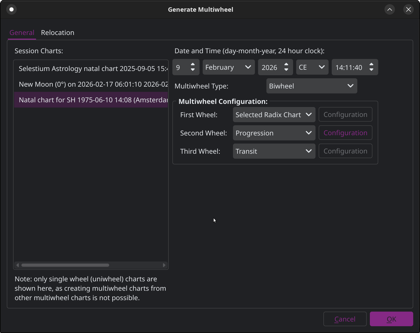 Window from Selestium Astrology showing how to create a progressions biwheel