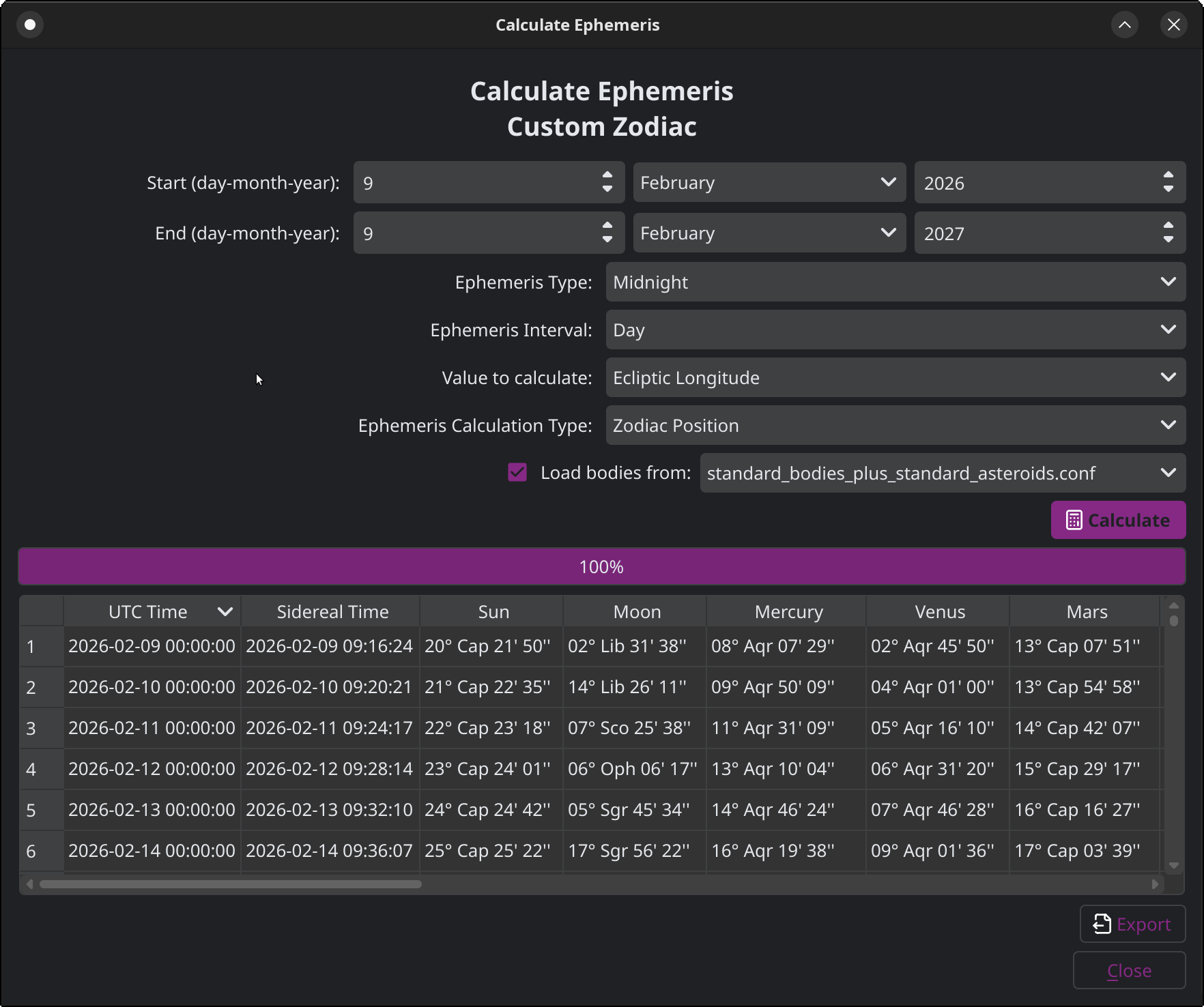Window from Selestium Astrology showing how to calculate an ephemeris table. Note that this is also for a custom constellational sidereal zodiac, so it shows the movement of the Moon through Ophiuchus.