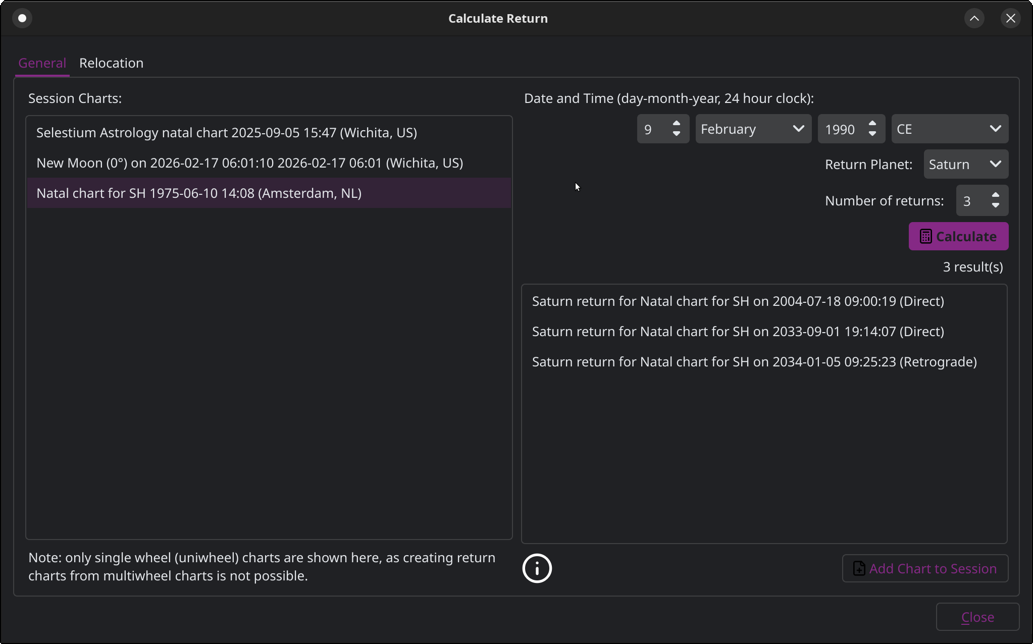 Window from Selestium Astrology showing how to calculate returns, specifically in this case, Saturn returns.