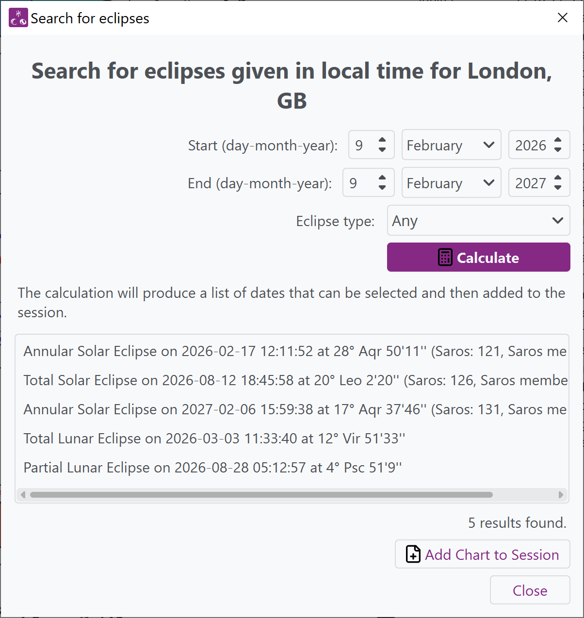 Window from Selestium Astrology showing how to search for eclipses over a range, and showing the list of results which can then be added as a separate chart to the session.