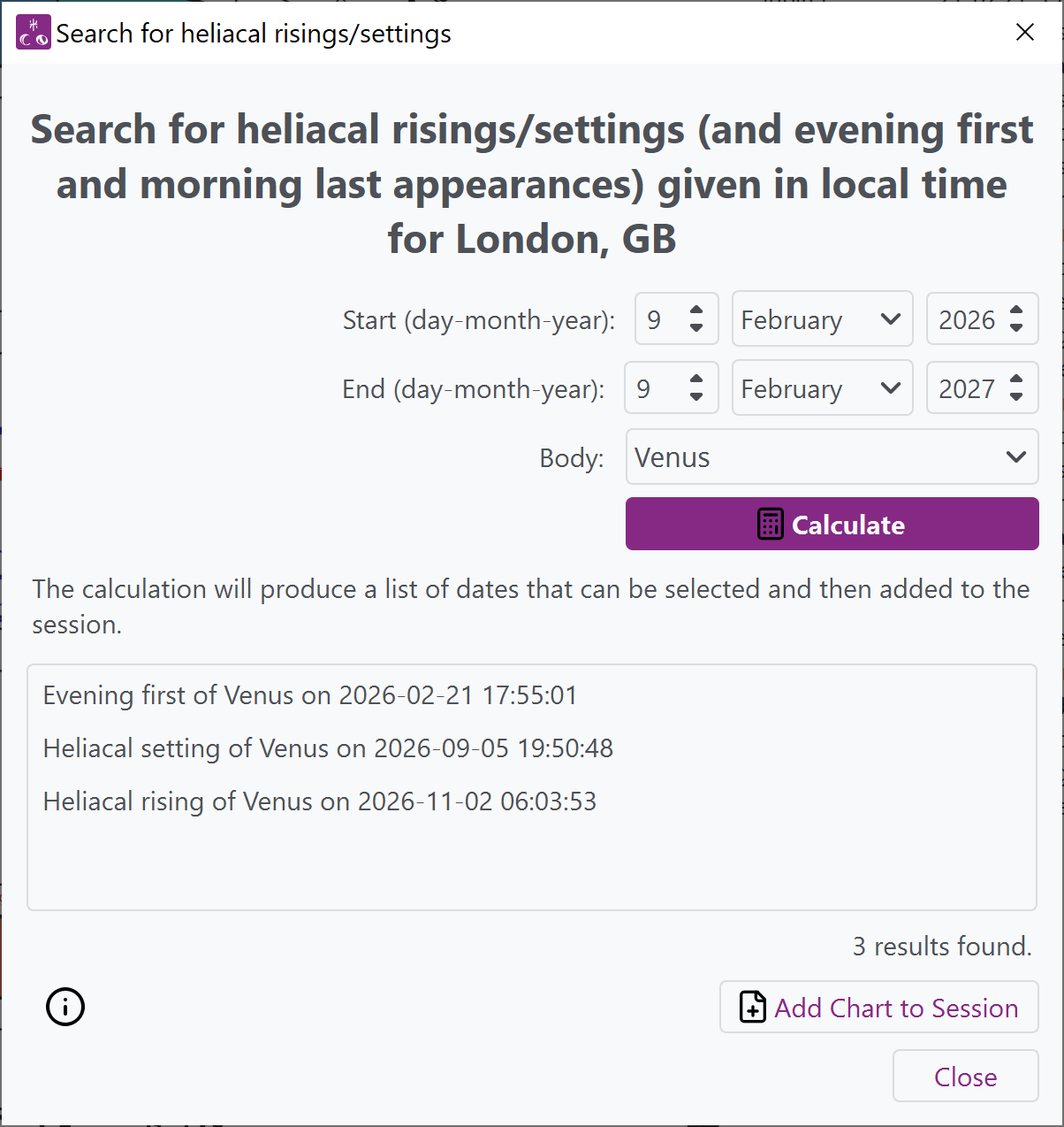 Window from Selestium Astrology showing how to search for heliacal risings and settings (including morning last and evening first).