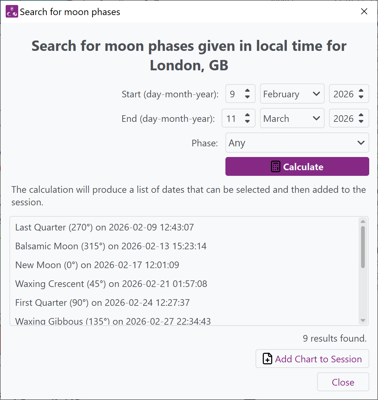 Window from Selestium Astrology showing how to search for moon phases, which can then be added as separate charts to the session.
