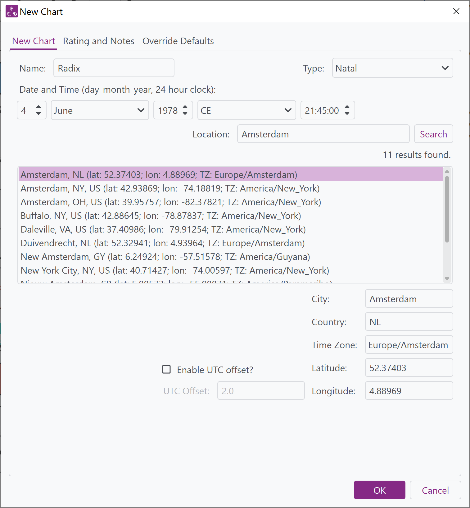 Window from Selestium Astrology showing the new chart tab of the new chart window with ability to enter name, date and time, chart type, as well as search for a location (which gives name, country, latitude, longitude, and timezone).