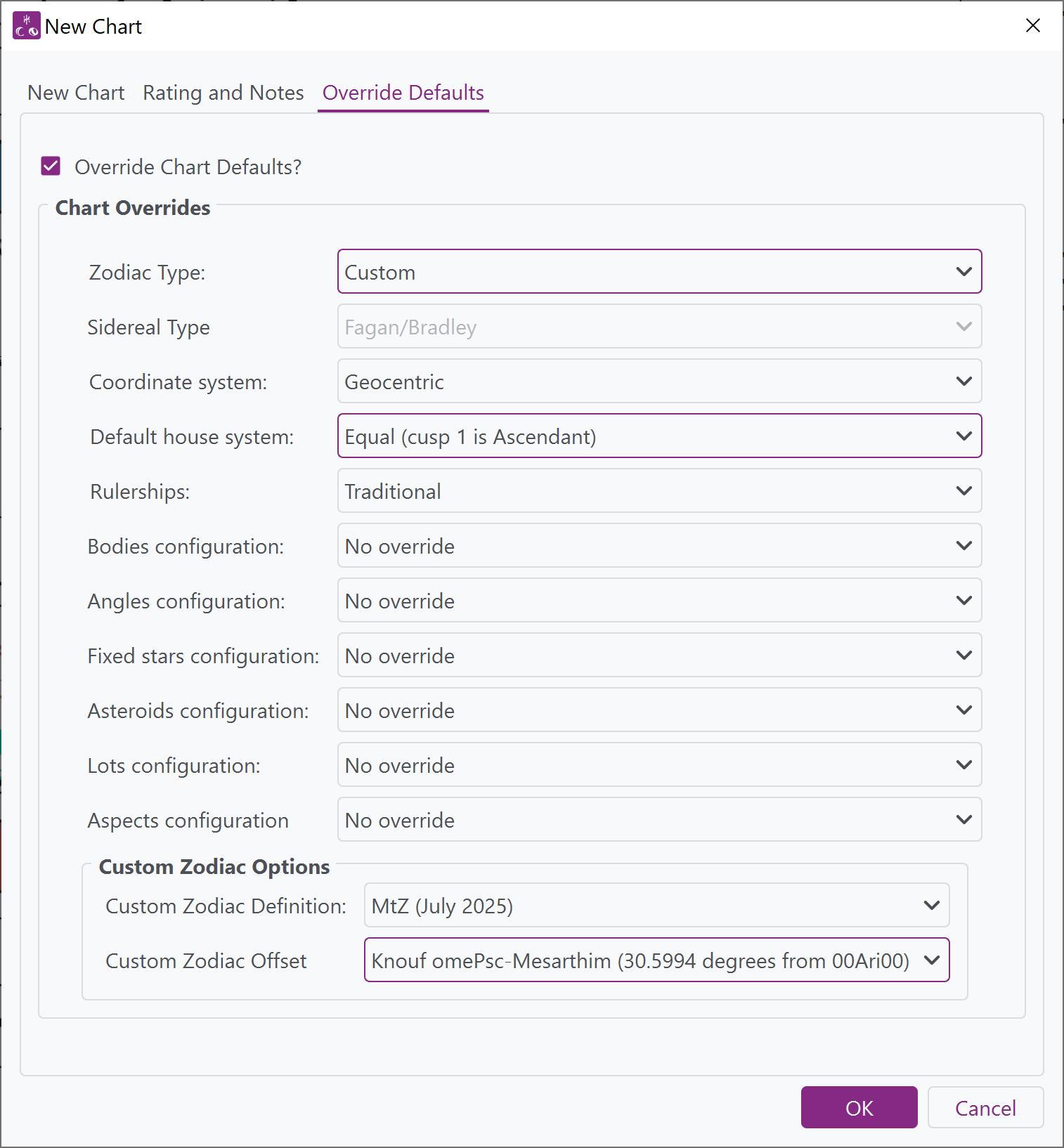 Window from Selestium Astrology showing the override defaults tab of the New Chart window, allowing all defaults of charts to be overridden when creating a new chart.