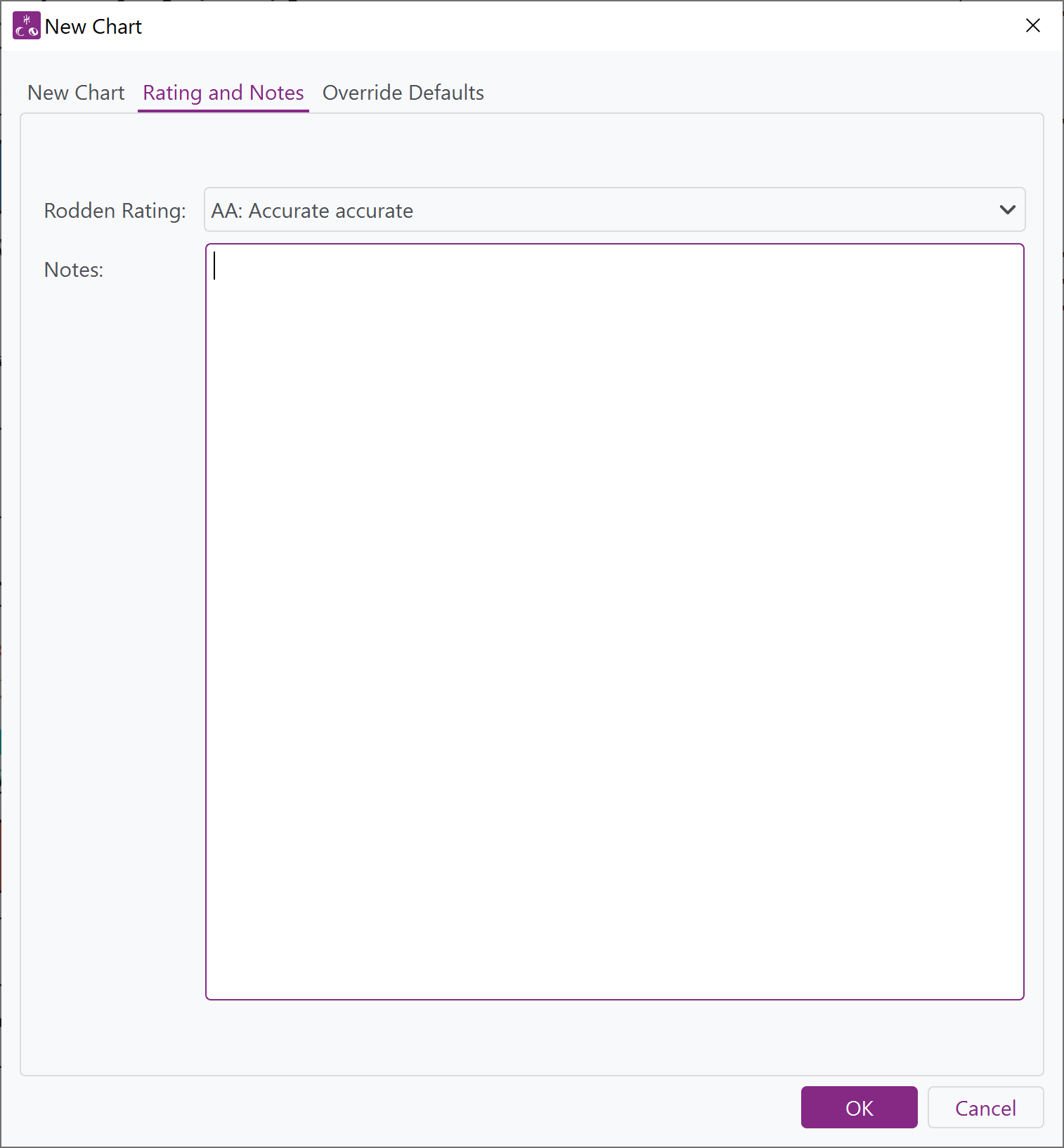 Window from Selestium Astrology showing the Notes and Rating tab, allowing a setting of Rodden Rating and notes for the chart.