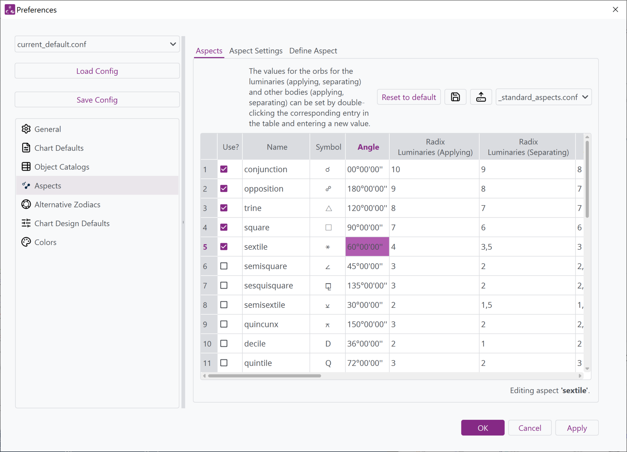Window from Selestium Astrology showing the Aspects tab of the preferences window, and the ability to define orbs for each of the 24 aspects (plus parallel and contraparallel).