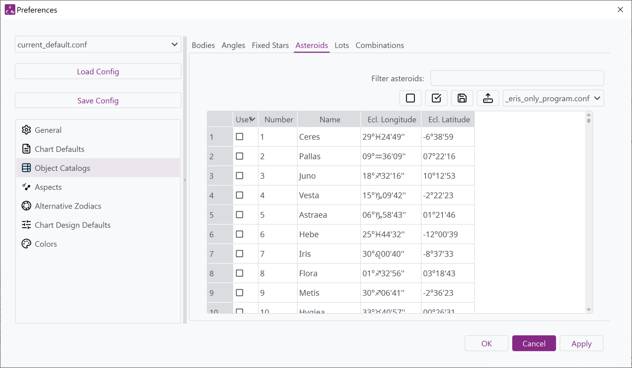 Window from Selestium Astrology showing the Asteroids tab of the Preferences window and the current positions of the asteroids.
