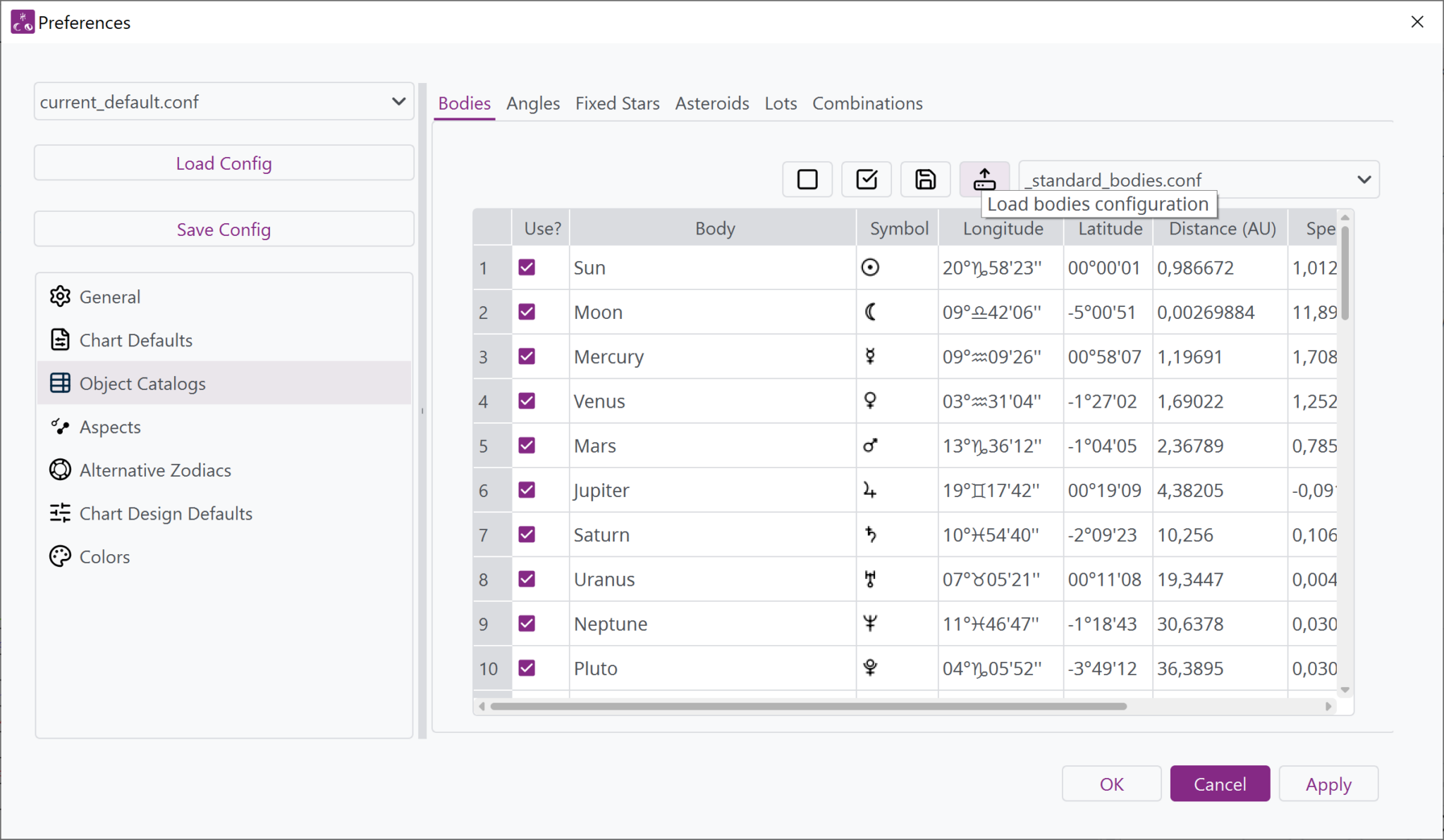 Window from Selestium Astrology showing the Bodies tab of the Preferences window and the current positions of the bodies.