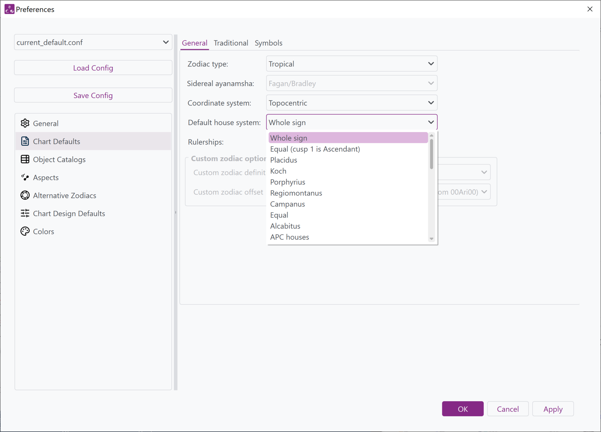 Window from Selestium Astrology showing the Chart Defaults tab of the Preferences window which allows for the setting of all of the new chart defaults (type of zodiac, house system, ayanamsha, custom zodiac, coordinate system, rulerships, etc)