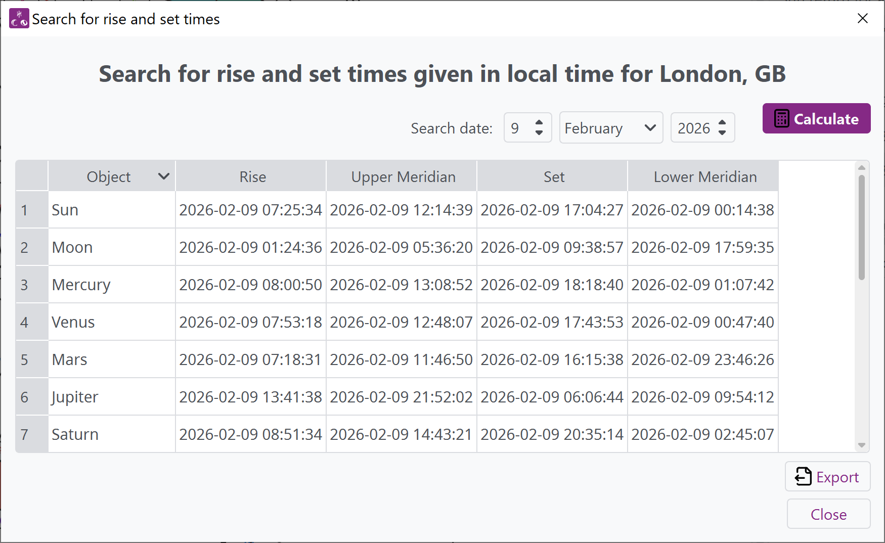 Window from Selestium Astrology, showing a search for rises and sets of a given set of bodies at a given location.