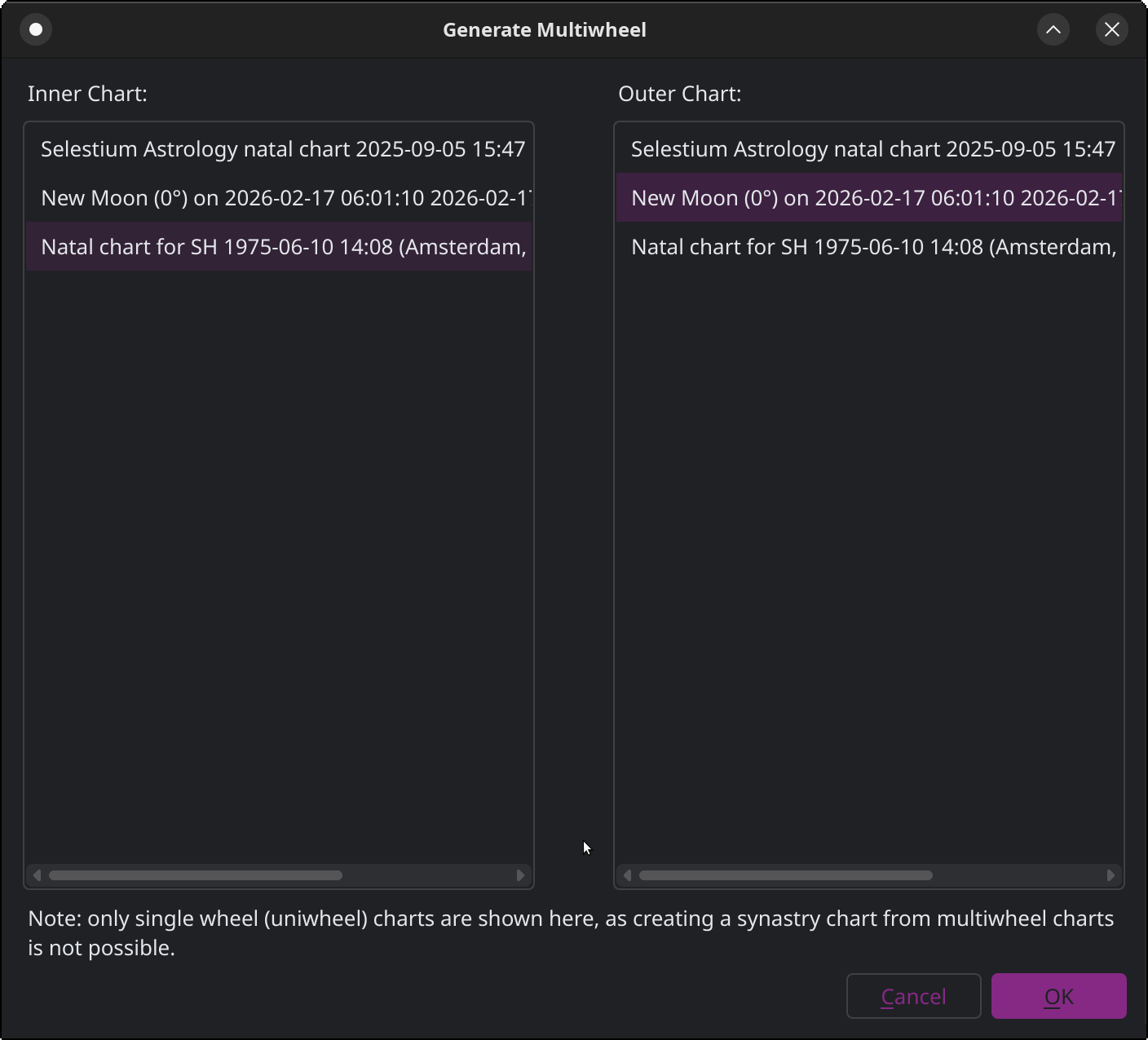 Window from Selestium Astrology, showing how to define a synastry chart between two uniwheel charts.