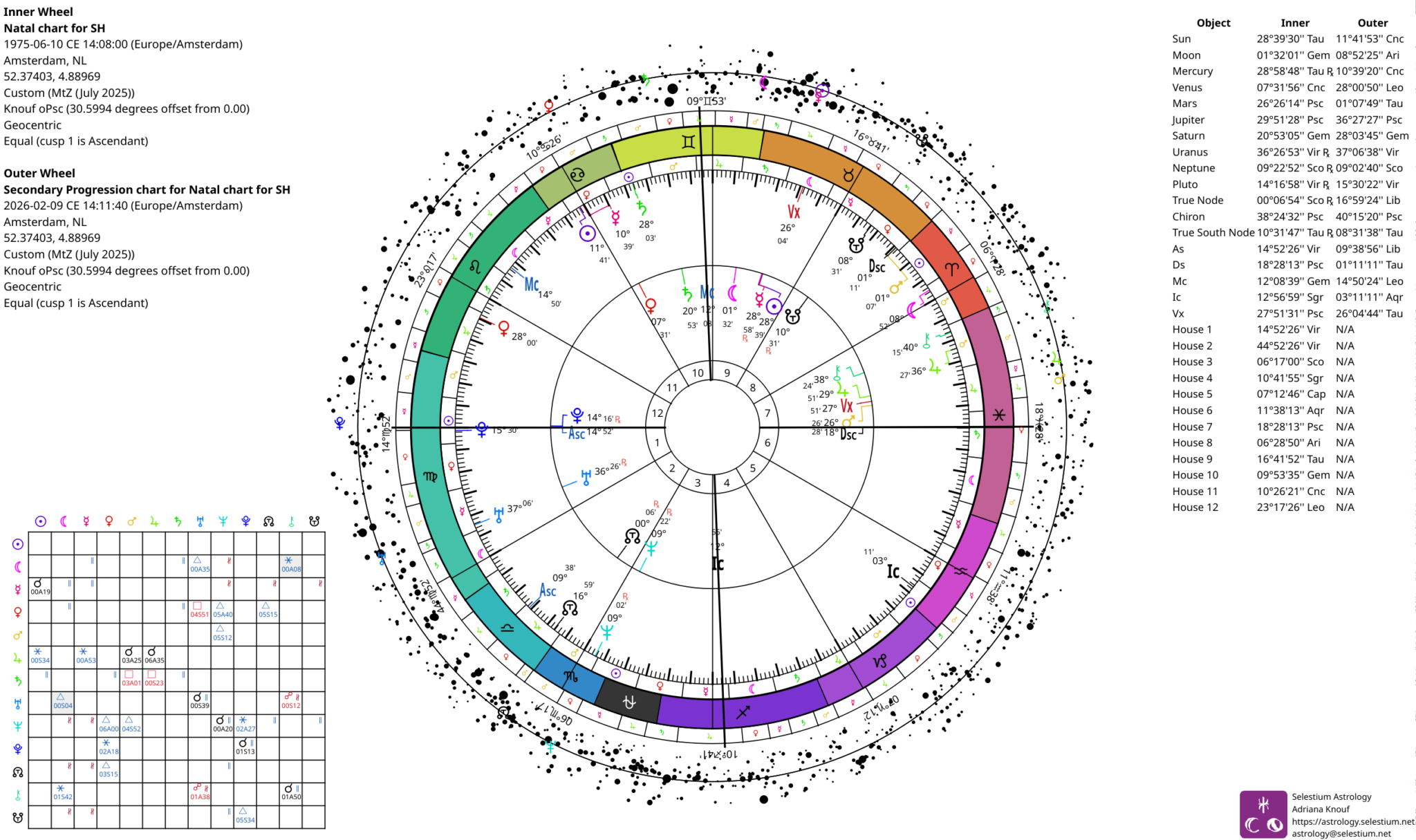 Chart from Selestium Astrology, showing a progressions biwheel and grid aspectarian, along with the ecliptic ring and the star ring.