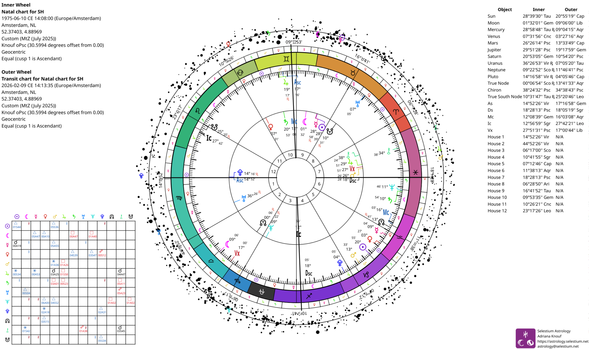 Chart from Selestium Astrology, showing a transit biwheel and grid aspectarian, along with the ecliptic ring and the star ring.